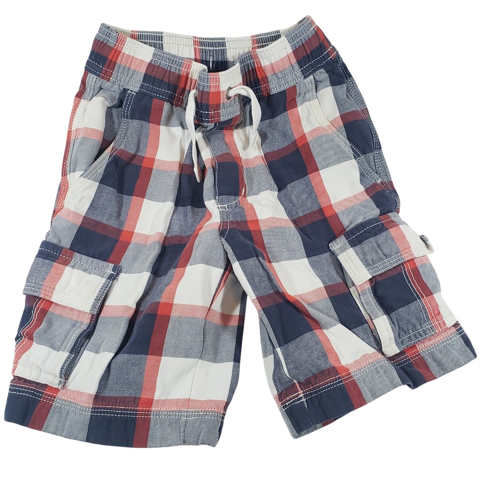 Hanna Andersson Boys Plaid Cargo Shorts Drawstring Elastic Waist Size 110 4T‎